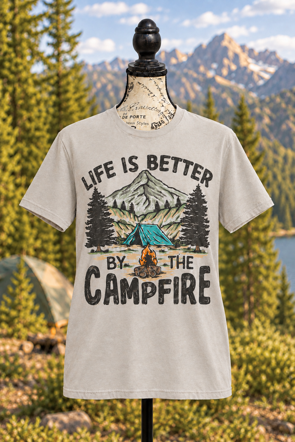 Campfire graphic T-shirt on a mannequin in warm grey matching the Scenic Route shirt, portrait outdoor mockup