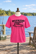 Heliconia pink Weekend Hooker shirt with black design on a mannequin, portrait mockup