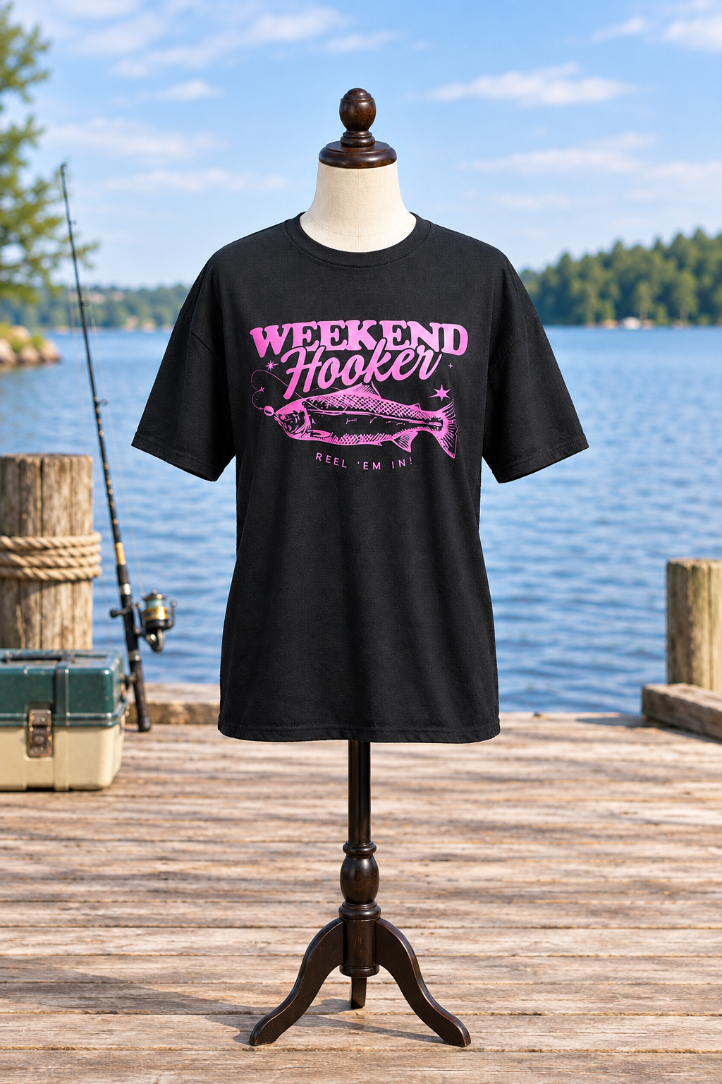Black Weekend Hooker shirt with pink design on a mannequin, portrait mockup