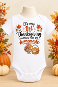 Revised white onesie mockup with pink-bow turkey design